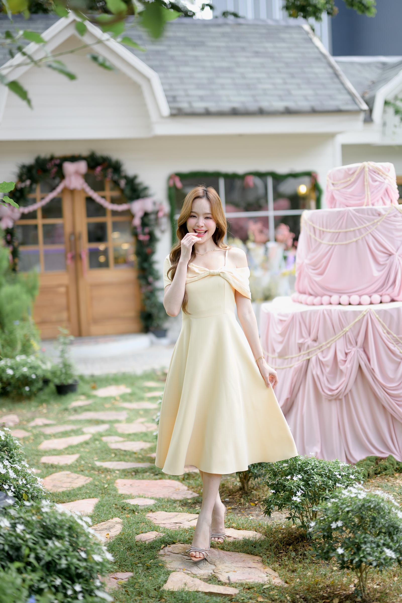 Charming Off-Shoulder Midi Dress : สีครีมเหลือง [Made by Pastel Time]