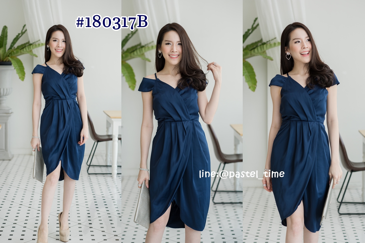 Fancille Drapery Satin Dress – Midnight Blue สีกรม