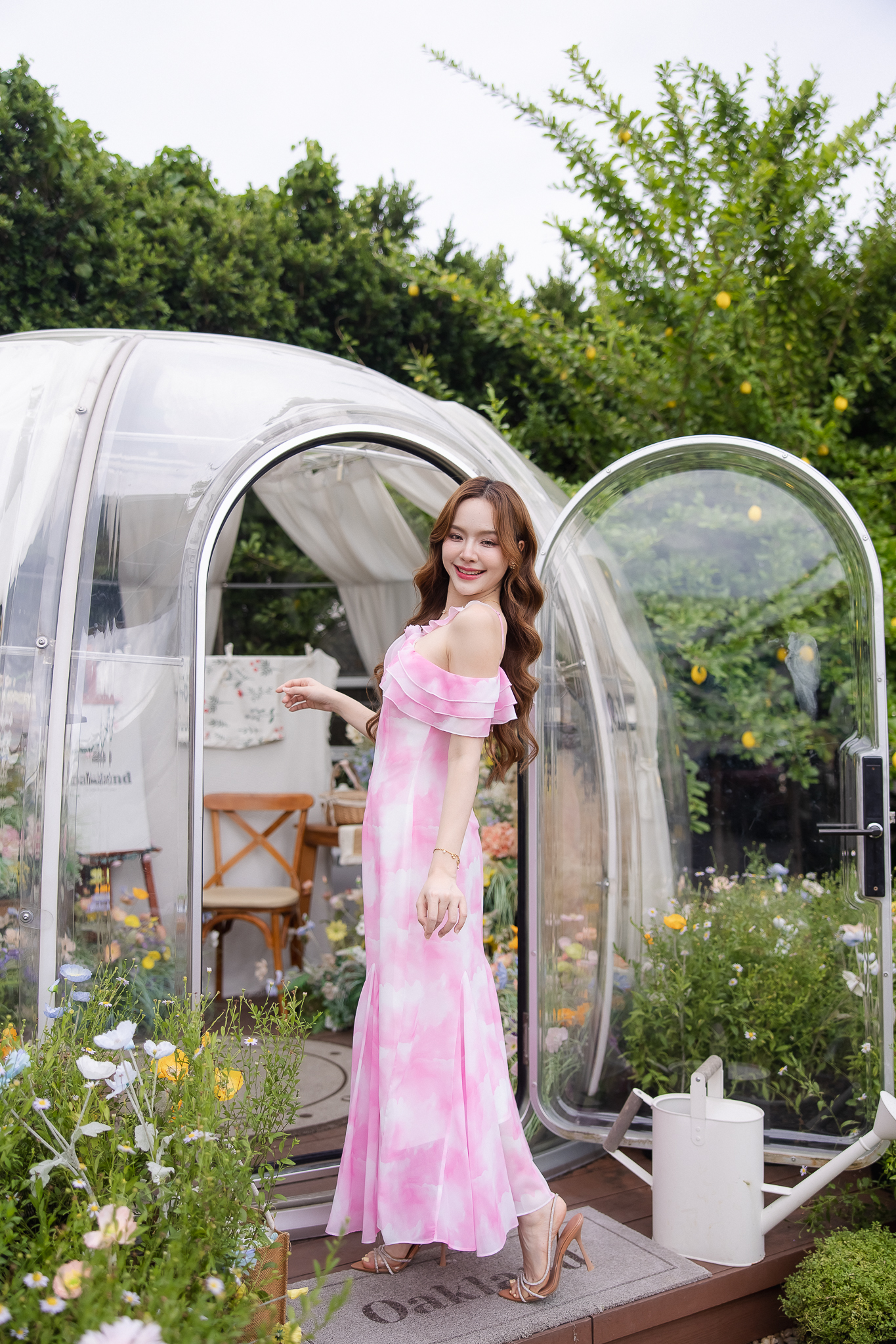 Pink Cloudy Off-Shoulder Maxi Dress ลายเมฆชมพู