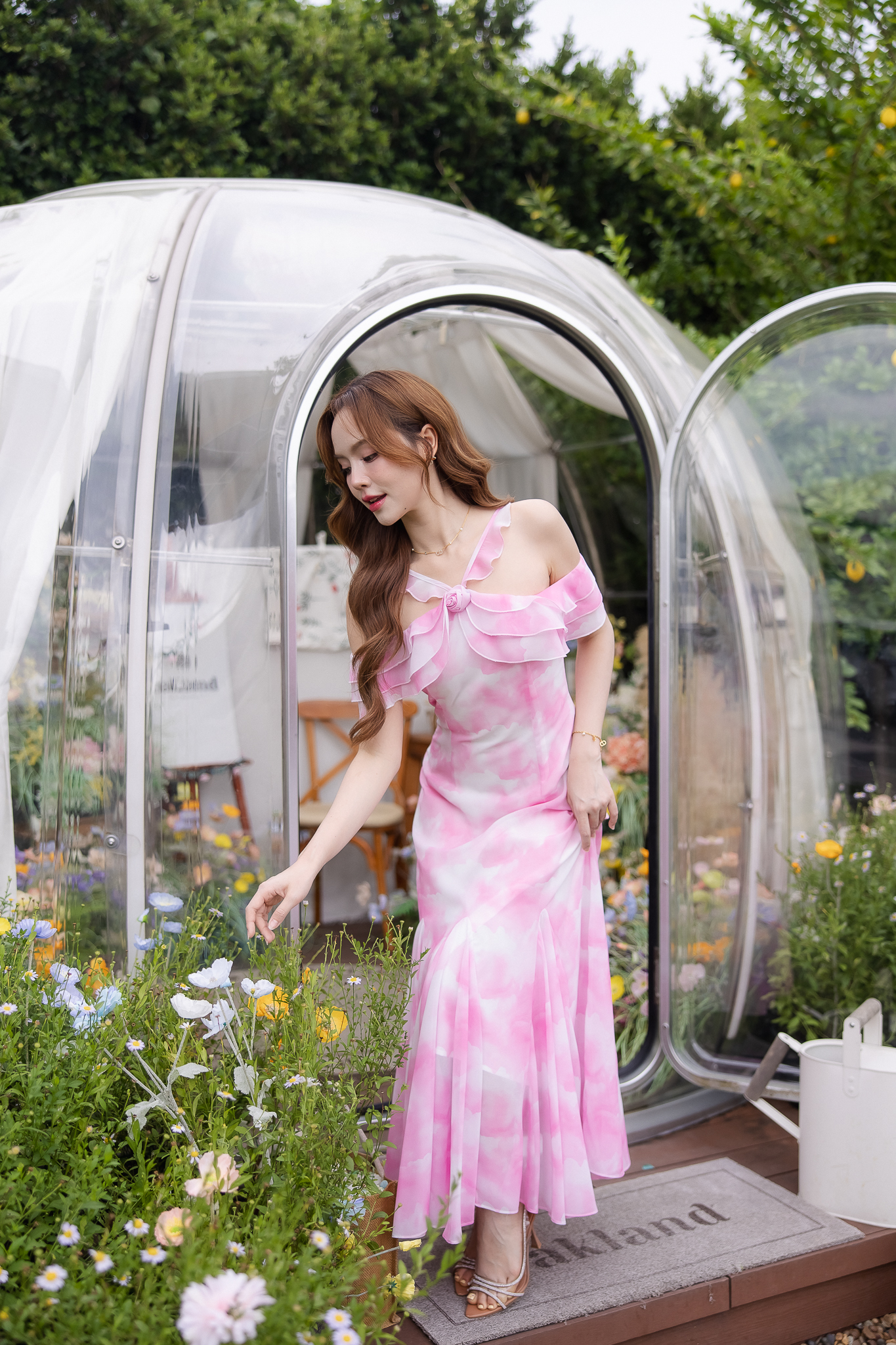 Pink Cloudy Off-Shoulder Maxi Dress ลายเมฆชมพู