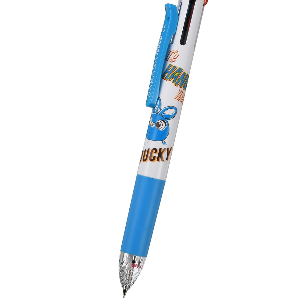 ปากกาหมึกเจล Sarasa Multi 4+1 เป็นปากกาหมึก 4 สี (ดำ แดง น้ำเงิน เขียว) และดินสอกดในแท่งเดียวกัน ลาย Toy Story (Ducky & Bunny สีฟ้า) มีขายเฉพาะที่ Disney Store Japan เท่านั้น