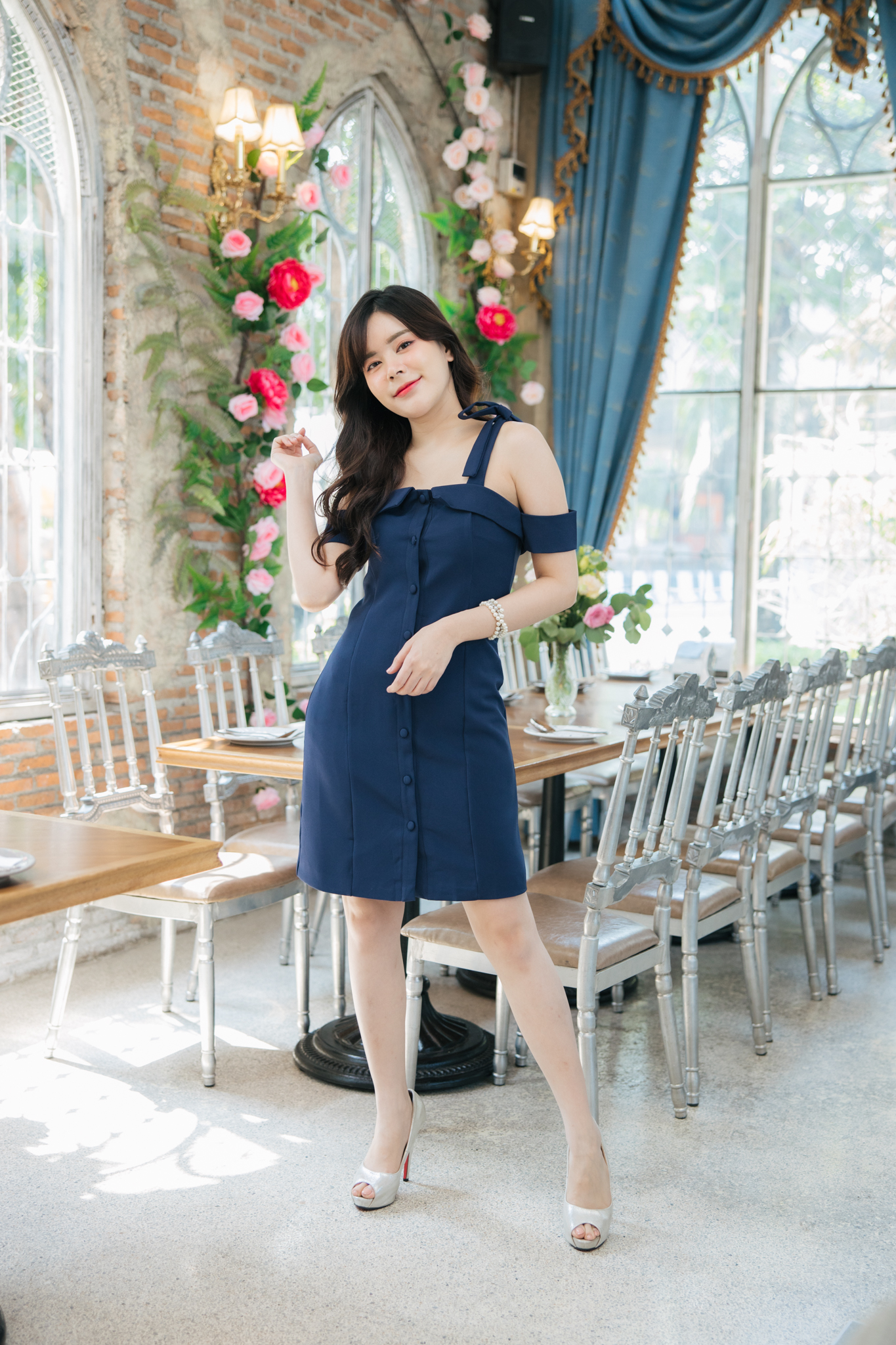 Elysa Off-shoulder Dress : สีกรม
