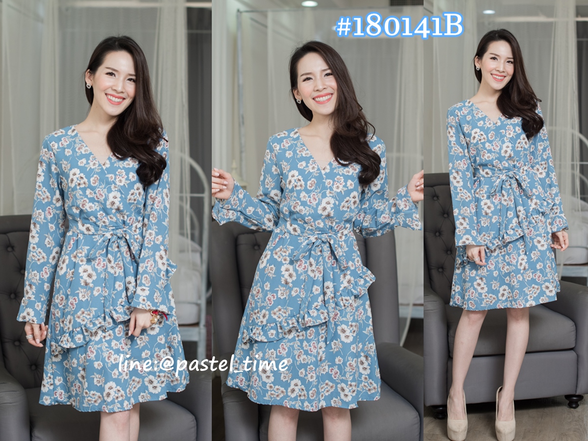 Blossom Wrap Dress – Blue สีฟ้า