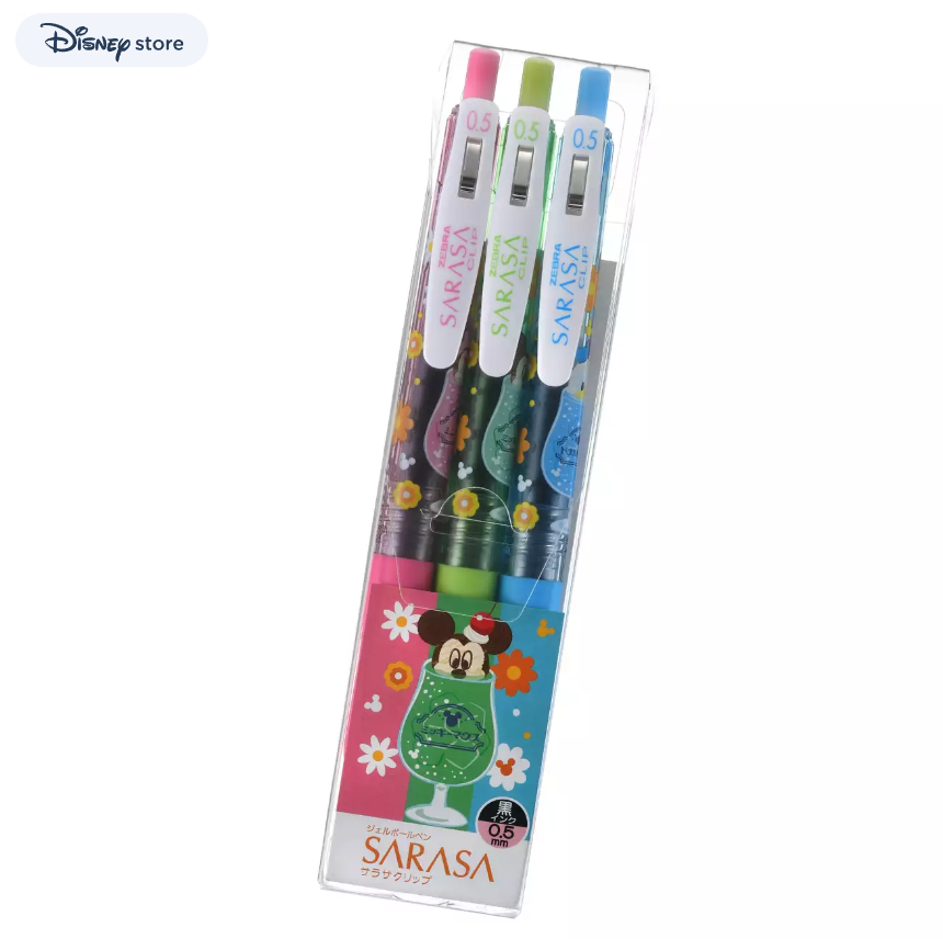 เซ็ตปากกา Zebra Sarasa Clip Disney Store Japan Exclusive ลาย Mickey & Friends Cream Soda แบบรวม 3 แท่ง หัว 0.5 หมึกสีดำ