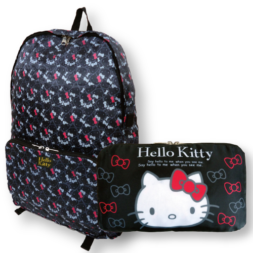 กระเป๋าเป้พับได้ ลาย Hello Kitty Ribbon สีดำ ขนาด 40 x 30 x 14 ซม. / ตอนพับ 25 x 15 ซม.