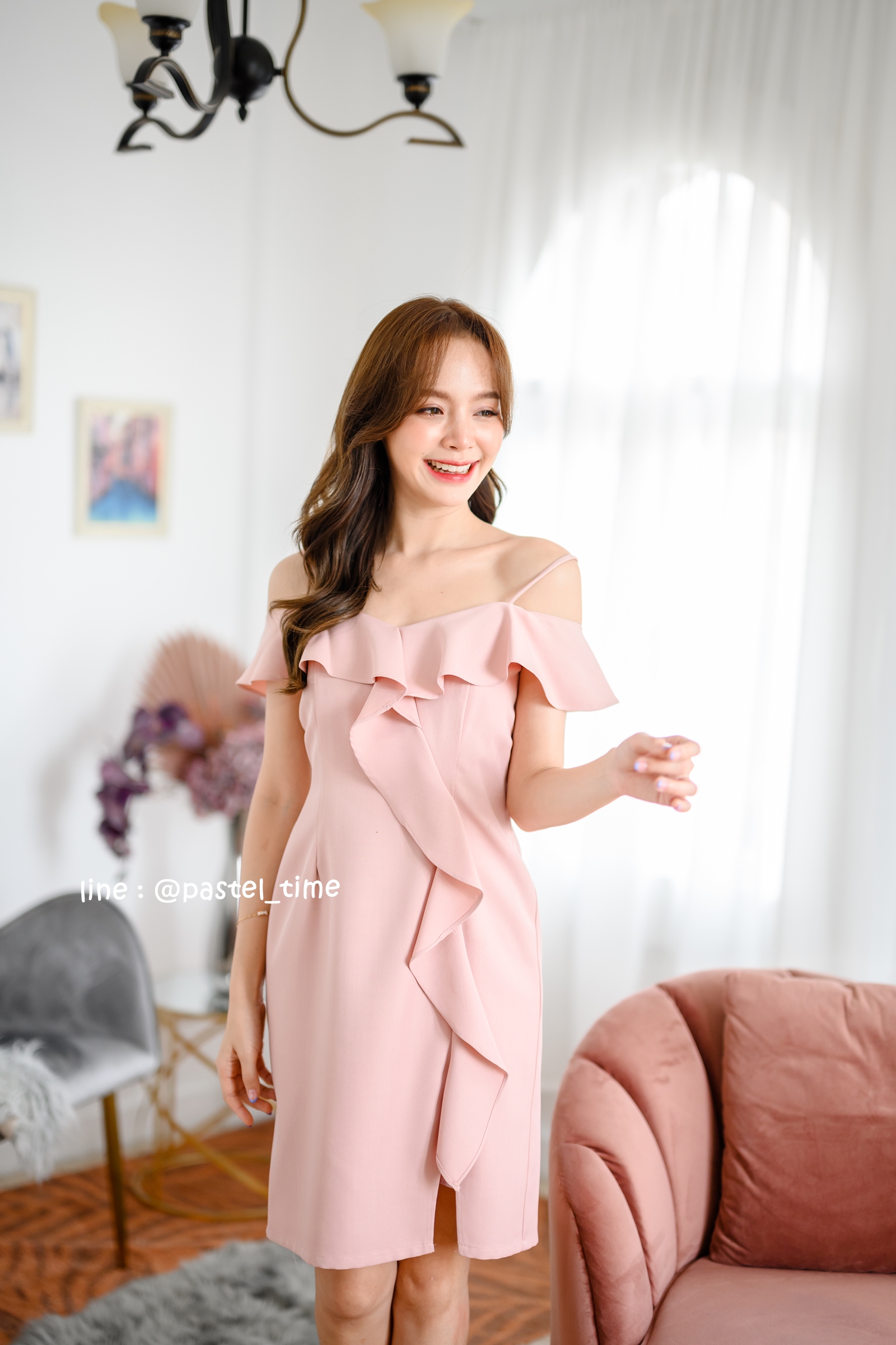 Kathy Off Shoulder Dress - สีชมพู **มีแต่S**