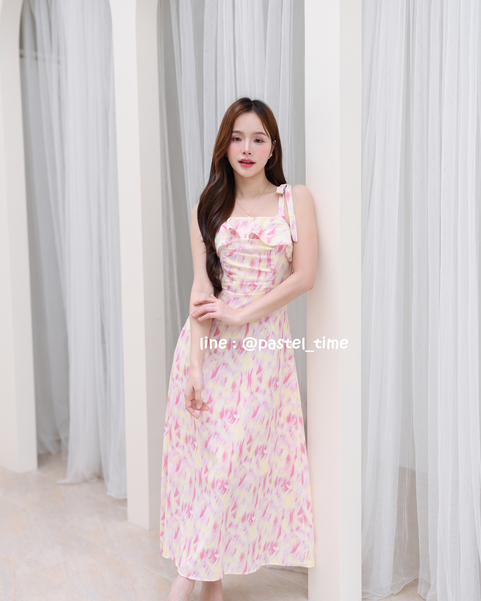Love in a mist Maxi dress – ลายสีน้ำโทนสีชมพู