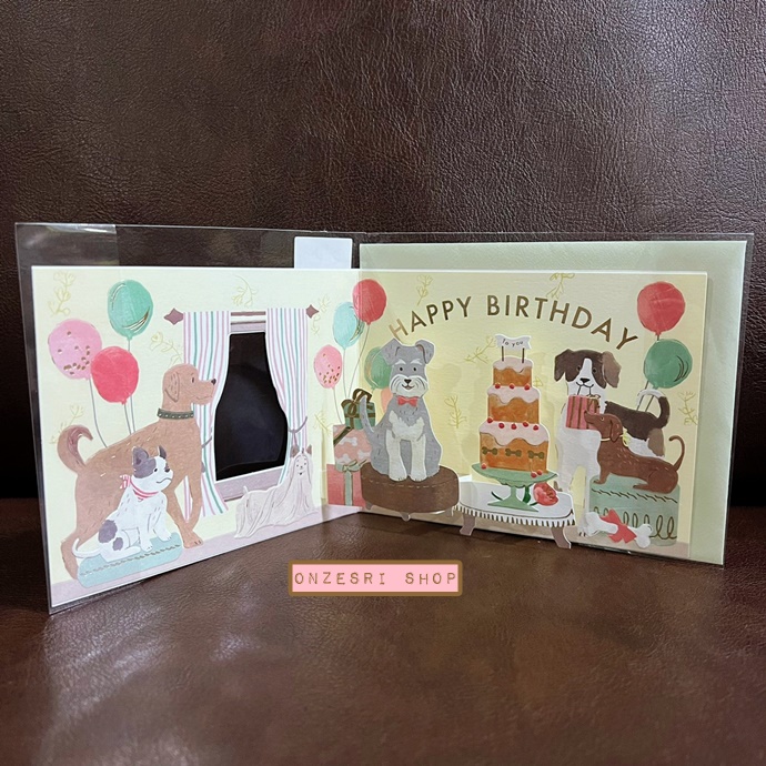 Greeting Life Birthday Window Pop Up Card จากญี่ปุ่น การ์ดอวยพรวันเกิด แบบเปิดหน้าต่างออกมาเป็นปาร์ตี้แก๊งน้องหมา เขียนด้านหลังได้ มาพร้อมซอง ขนาด 14 x 11 ซม.