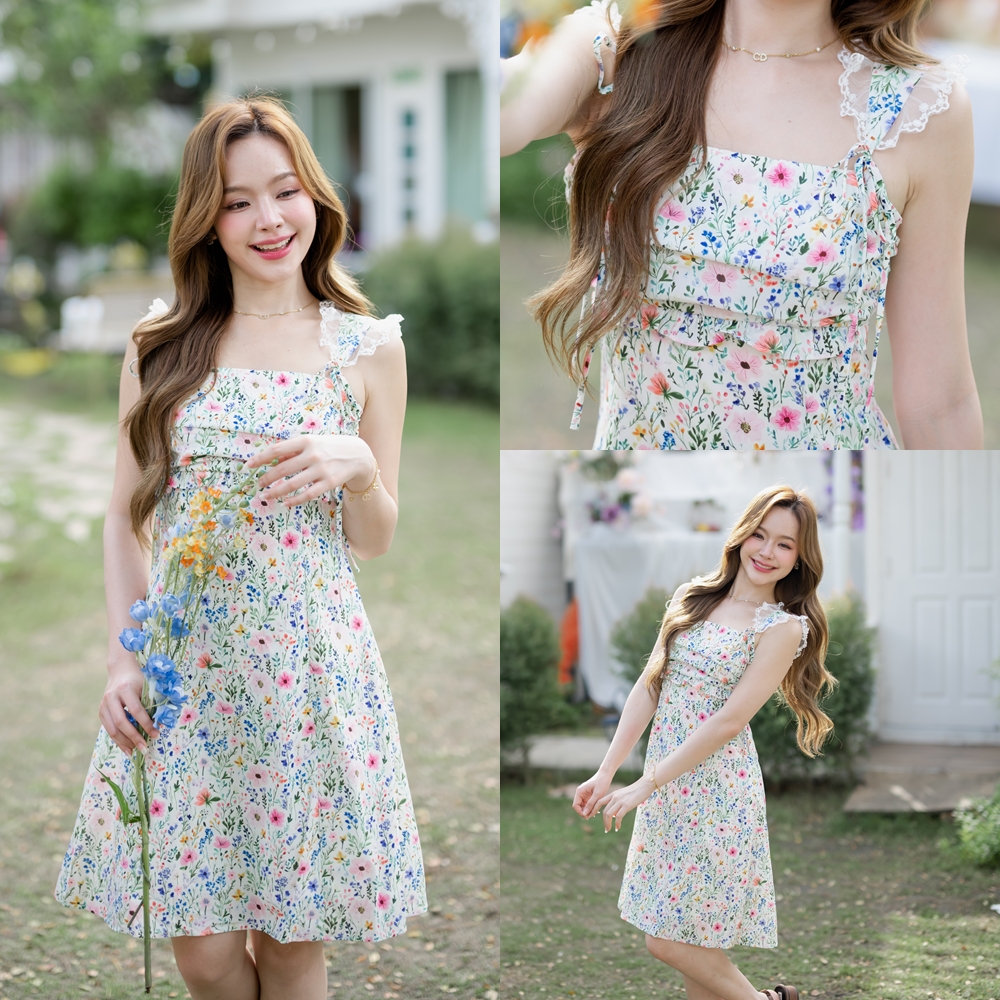Girlish Floret Dress : ลายดอกโทนเขียว [Made by Pastel Time]