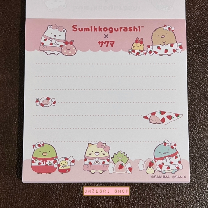 กระดาษโน้ต Sumikko Gurashi x Sakuma Strawberry Milk Candy Block Memo แบบสีชมพู ขนาด 10 x 10 ซม. มี 4 ลาย รวม 120 แผ่น