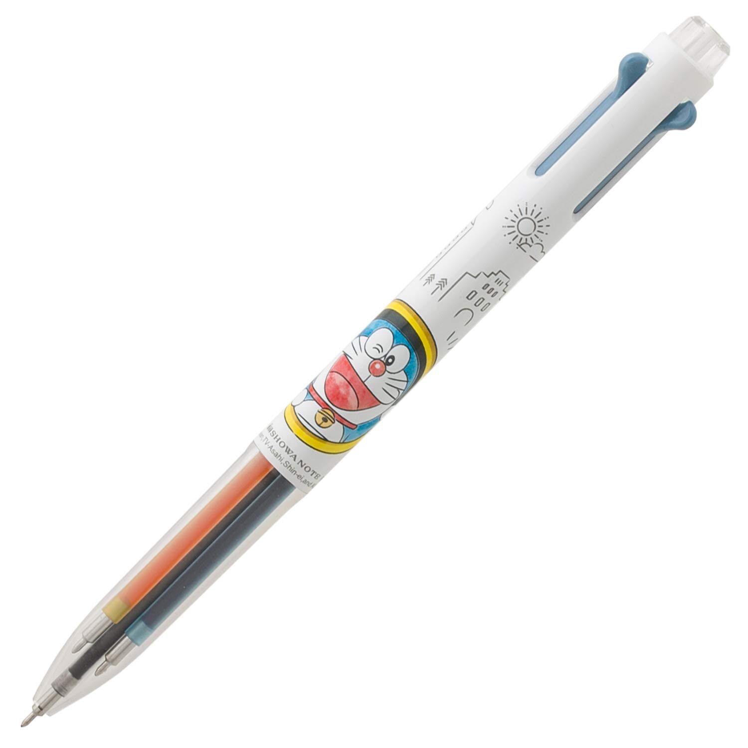 ปากกา Pentel i+ Doraemon แท่งสีขาว มีหมึก 3 สีในแท่ง ดำ, ส้ม, ฟ้า หัว 0.4 หมึกหมดแล้วสามารถเปลี่ยนใส่หมึกของ Pentel ได้