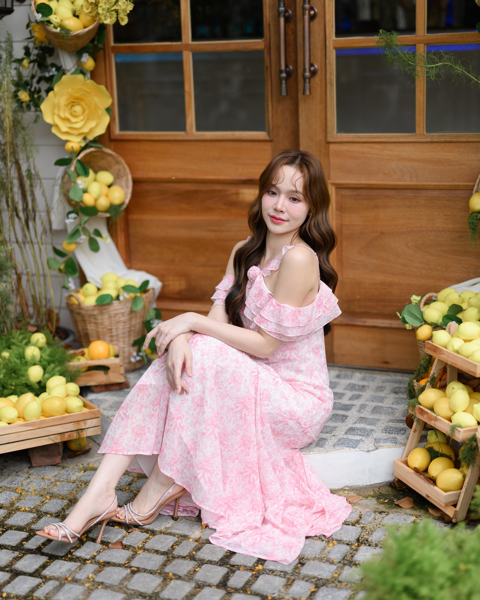 Pink Toile Bow Off-Shoulder Maxi Dress