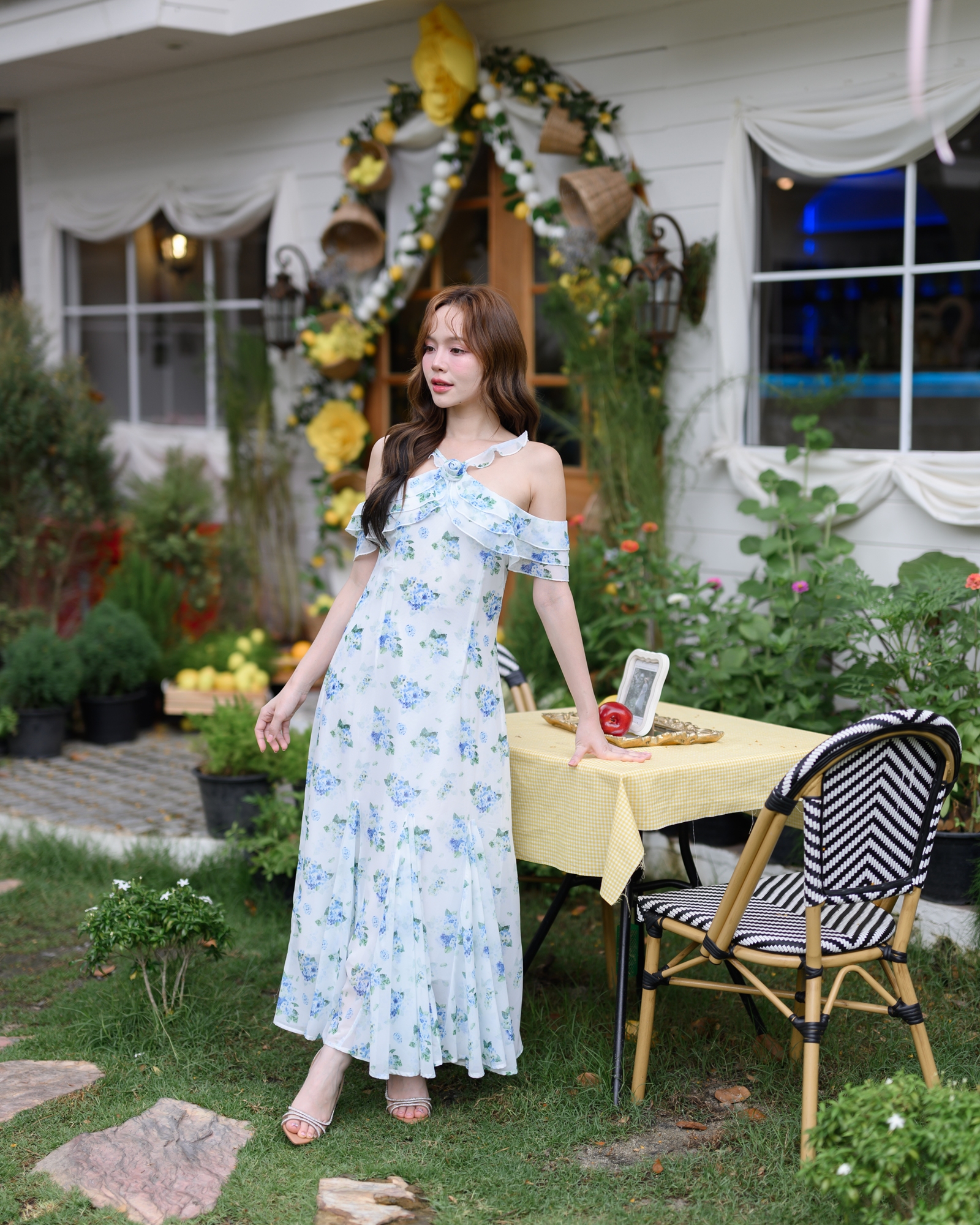 Hydrangea Off-Shoulder Maxi Dress