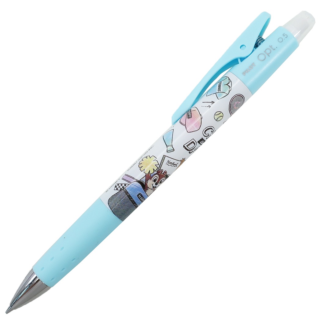 ดินสอกด Pilot Opt. ลาย Chip & Dale (Sport สีฟ้า) สะดวกตรงการเขย่าไส้ได้แทนการกด (คล้าย Dr.Grip ค่ะ) หากกำลังเขียนอยู่แล้วไส้จะหมด เขย่าไส้ก็ออกมาแล้วค่ะ ตรงคลิปที่หนีบเป็นแบบกด หนีบได้แน่น ไม่หลุดง่ายค่ะ