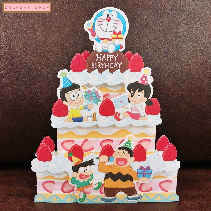 Doraemon Pop Up Birthday Card From Japan การ์ดอวยพรลายเค้กวันเกิด Doraemon กับผองเพื่อน เขียนด้านหลังได้ มาพร้อมซอง ขนาด 13 x 16.8 ซม.