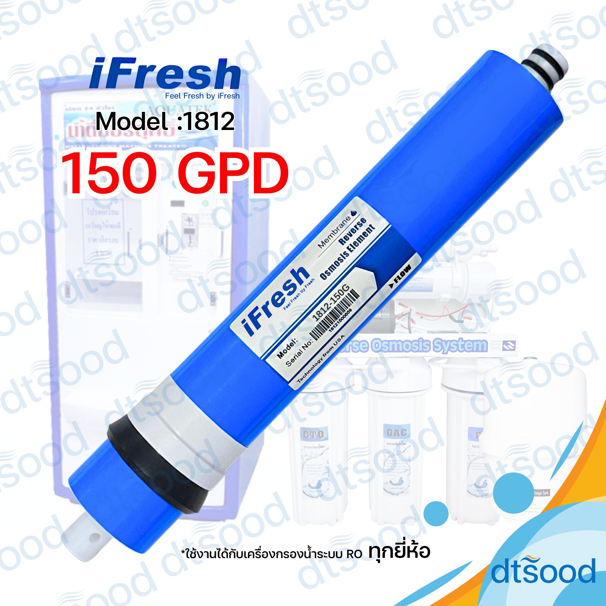 ไส้กรองน้ำ RO Membrane ขนาด 150 GPD ยี่ห้อ iFresh กรองละเอียด 0.0001 ไมครอน