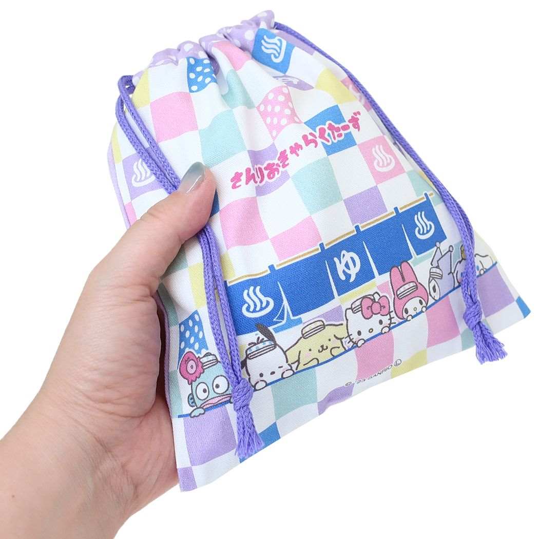 กระเป๋ารูดเชือก Sanrio no Yu ลายโรงอาบน้ำ Sanrio สีม่วง (Limited) ขนาด 18 x 20 ซม.