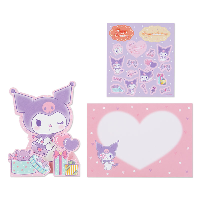 การ์ดเปล่า Sanrio & Seal Card แบบ Kuromi สามารถเขียนด้านในได้ มีสติกเกอร์น่ารักให้แปะได้ 1 แผ่น มาพร้อมซองลายน่ารักเข้ากัน ขนาดประมาณ 16.2 x 11 ซม.