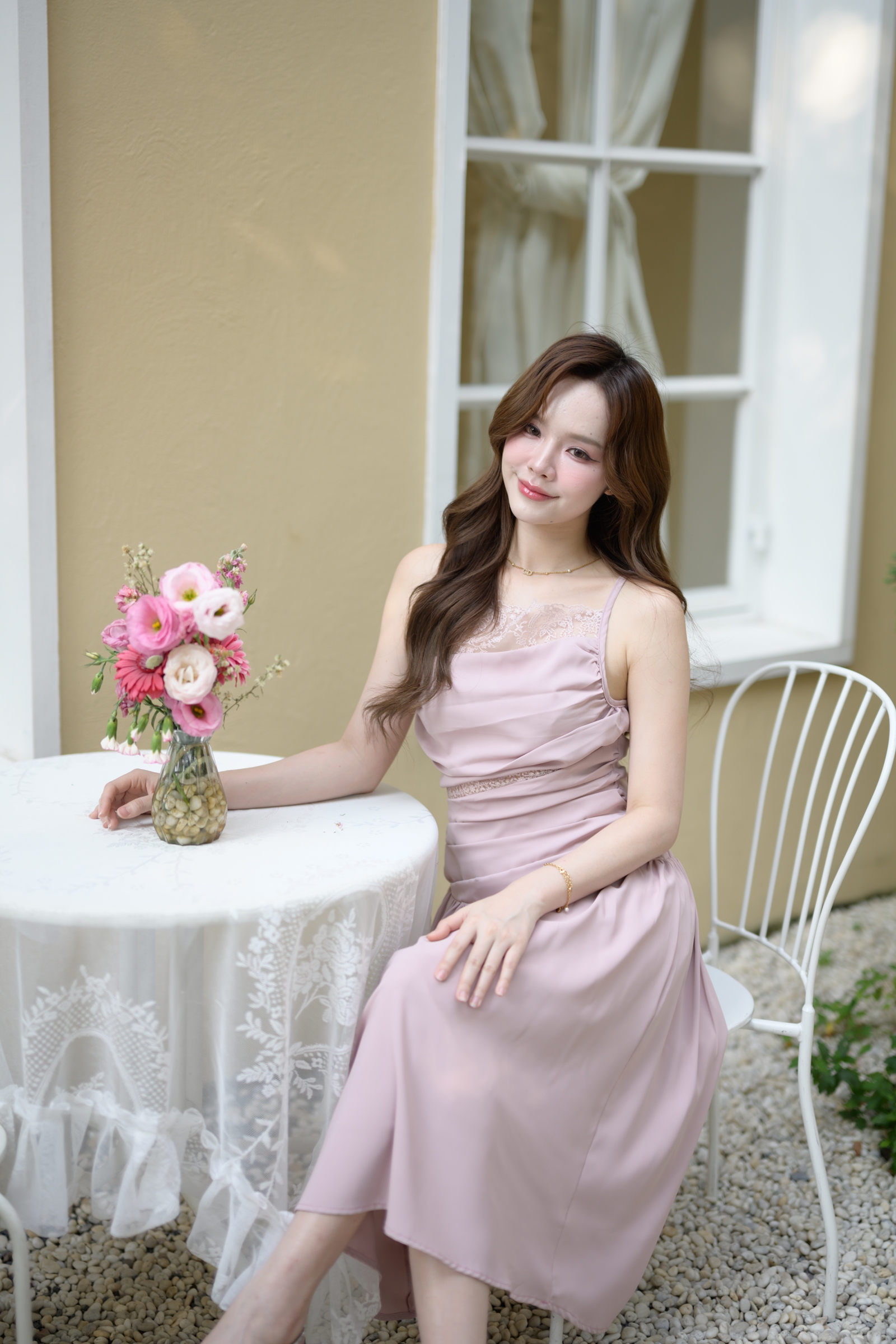 Elise Draped Lace Midi Dress : สีชมพู [Made by Pastel Time]