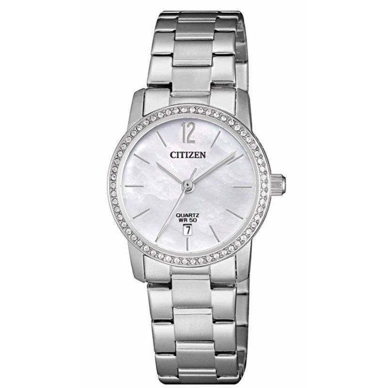 CITIZEN Quartz ผู้หญิง รุ่น EU6030-81D (หน้าขาวมุก สายสแตนเลส ขอบคริสตัล) เครื่องศูนย์ไทย