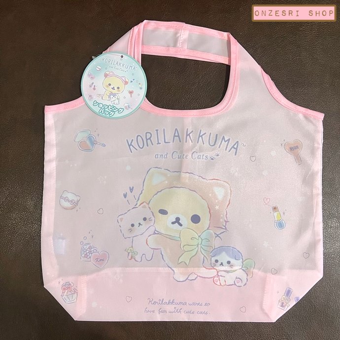 กระเป๋า San-X Shopping Bag ลาย Korilakkuma and Cute Cats แบบสีชมพู พับได้ พกพาสะดวก ขนาด 35.5 x 33.5 ซม.