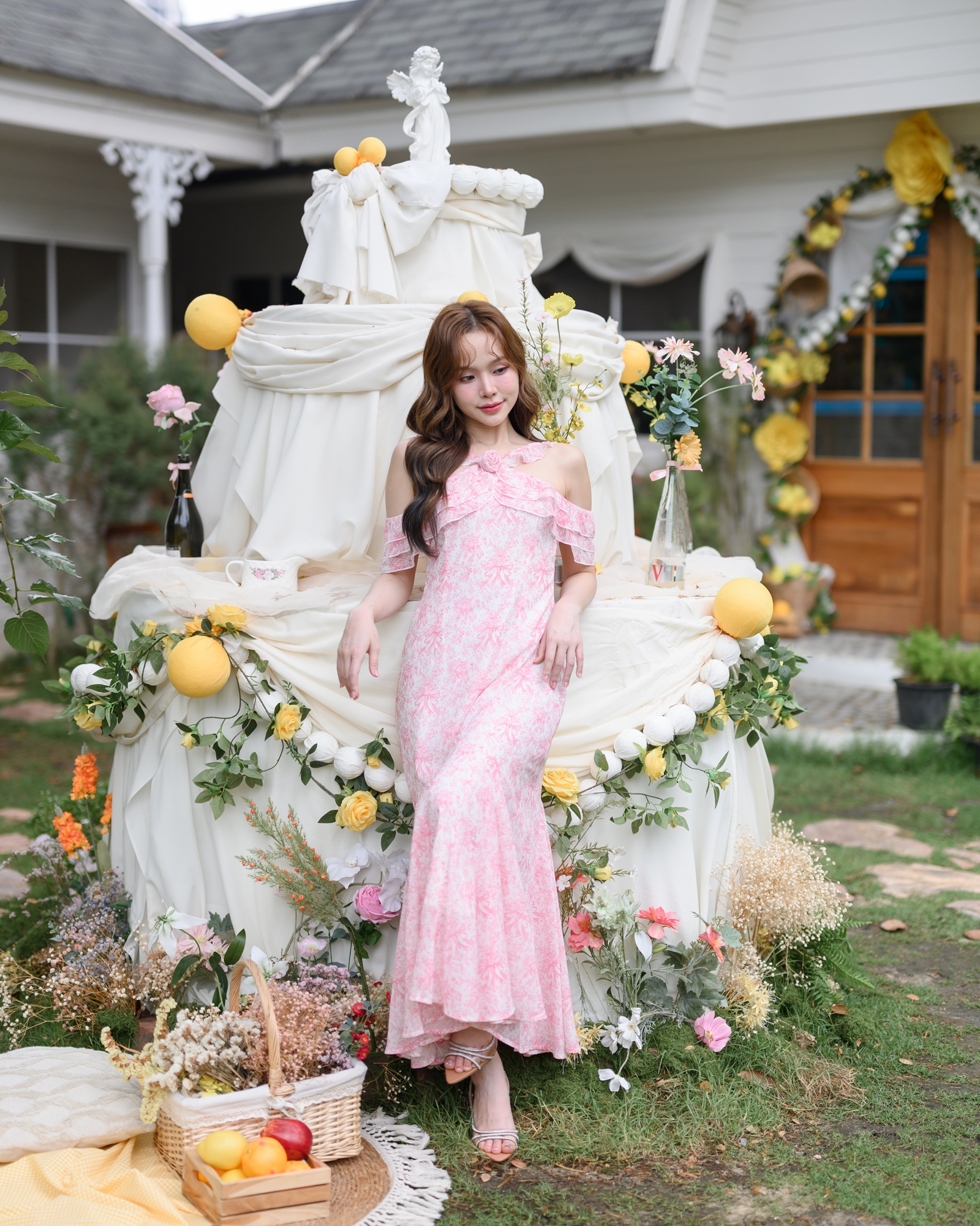 Pink Toile Bow Off-Shoulder Maxi Dress