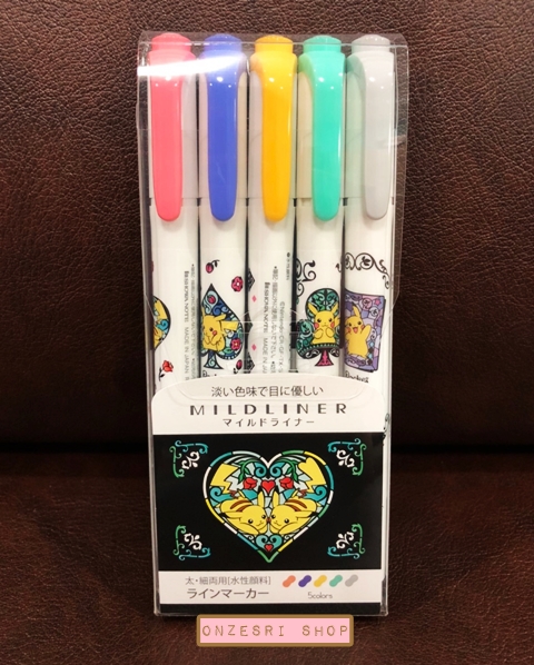 ปากกาไฮไลต์ Zebra Mildliner 5 Colors Set ลาย Pikachu หัวใจสีดำ มี 5 สีในเซ็ต ตรงด้ามเป็นลายน่ารัก สี Mild Coral Pink, Mild Lavender, Mild Gold, Mild Blue Green, Mild Grey