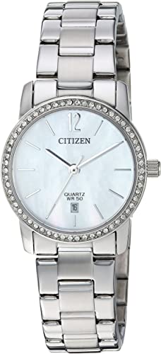 CITIZEN Quartz ผู้หญิง รุ่น EU6030-81D (หน้าขาวมุก สายสแตนเลส ขอบคริสตัล) เครื่องศูนย์ไทย