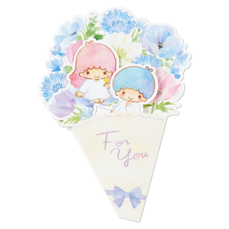 Sanrio Bouquet Pop up Card - ลาย Little Twin Stars กางออกมาจะเป็นช่อดอกไม้ มีพลาสติกรูปลูกไม้หุ้มด้านนอก มาพร้อมซอง เขียนด้านในได้ ขนาด 11 x 16.2 ซม.