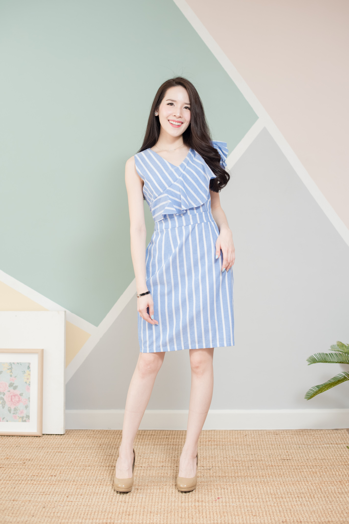 Delia Striped Dress – สีฟ้า : Size M [Made by Pastel Time]