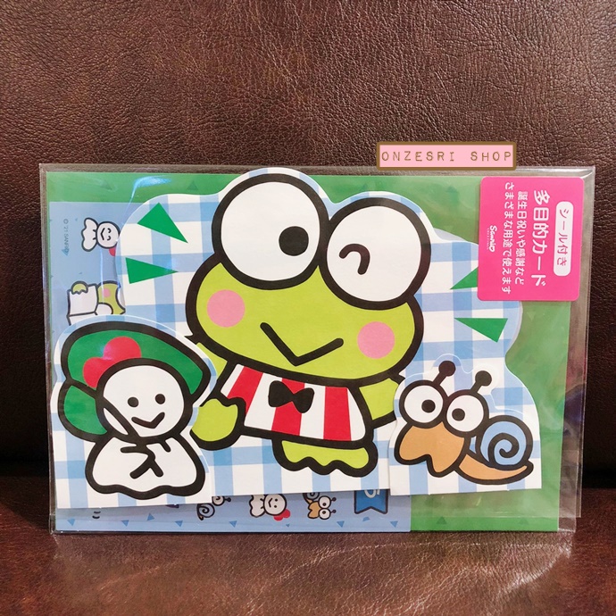 การ์ดเปล่า Sanrio & Seal Card แบบ Keroppi สามารถเขียนด้านในได้ มีสติกเกอร์น่ารักให้แปะได้ 1 แผ่น มาพร้อมซองลายน่ารักเข้ากัน ขนาดประมาณ 16.2 x 11 ซม.