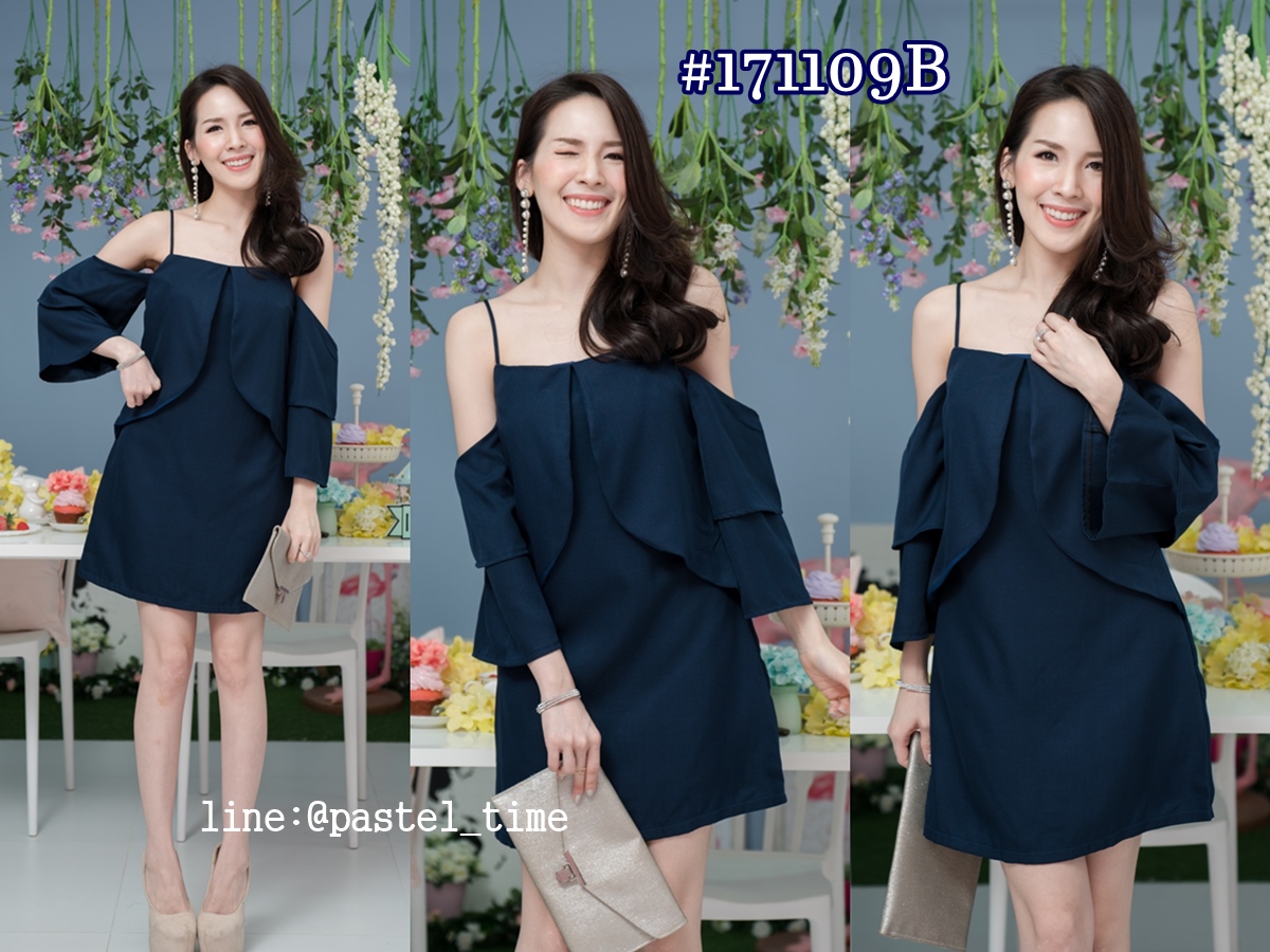 Brandie Off-Shoulder Dress – Navy สีกรม