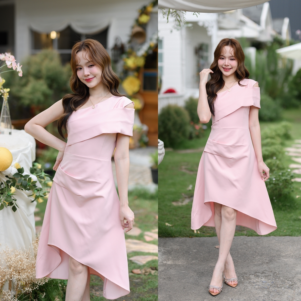Claudia Asymmetric Dress : สีโอรส [Made by Pastel Time]