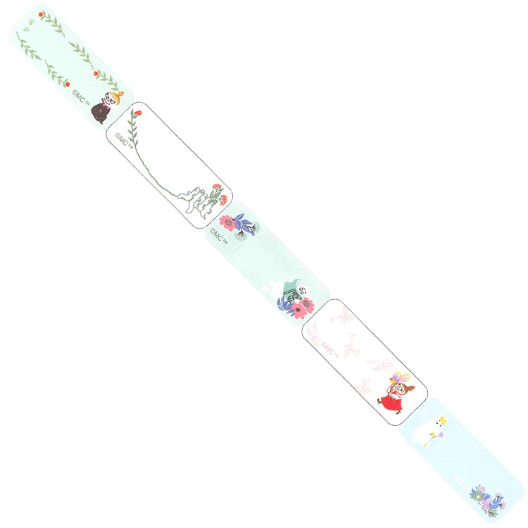 Masking Tape Moomin Seal Cut แบบเล็ก ลายสีเขียว แต่ละชิ้นเป็นสติกเกอร์ในตัว เขียนด้านในได้ ขนาด 1.5 ซม. x 5 ม.