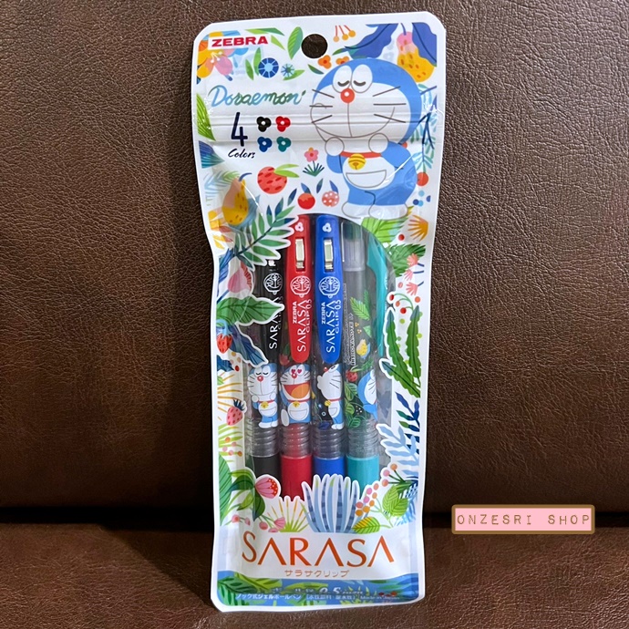 Set ปากกา Zebra Sarasa Clip จากญี่ปุ่น ลาย Doraemon Forest สีขาว หัว 0.5 รวม 4 แท่ง หมึกสี Black, Red, Cobalt Blue, Blue Green