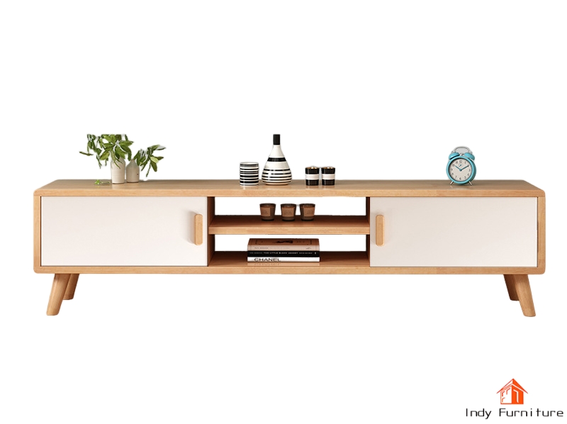 ตู้วางทีวีไม้ยางพารา รุ่น Dora สีธรรมชาติ/บานขาว