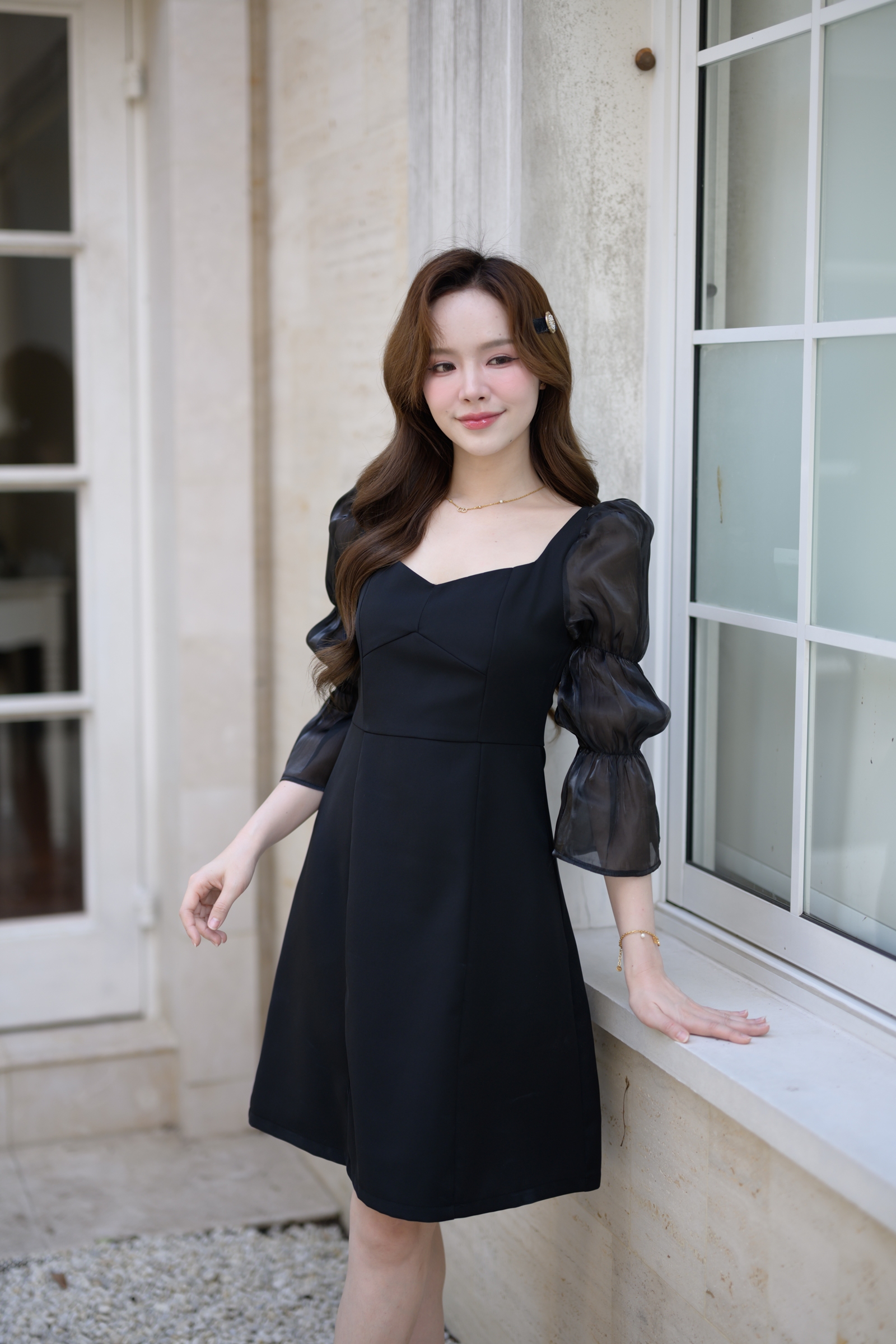 Evie Organza Puff Dress เดรสแขนพัฟ: สีดำ [Made by Pastel Time]