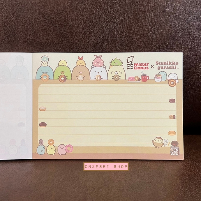 สมุดฉีก Sumikko Gurashi x Mister Donut แบบลายสีขาว ขนาด 14.8 x 10.5 ซม. มี 4 ลาย รวม 100 แผ่น