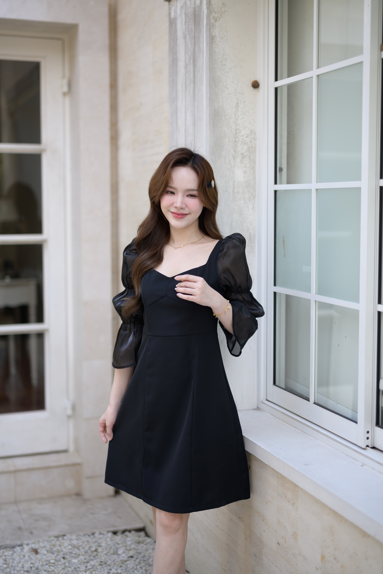 Evie Organza Puff Dress เดรสแขนพัฟ: สีดำ [Made by Pastel Time]