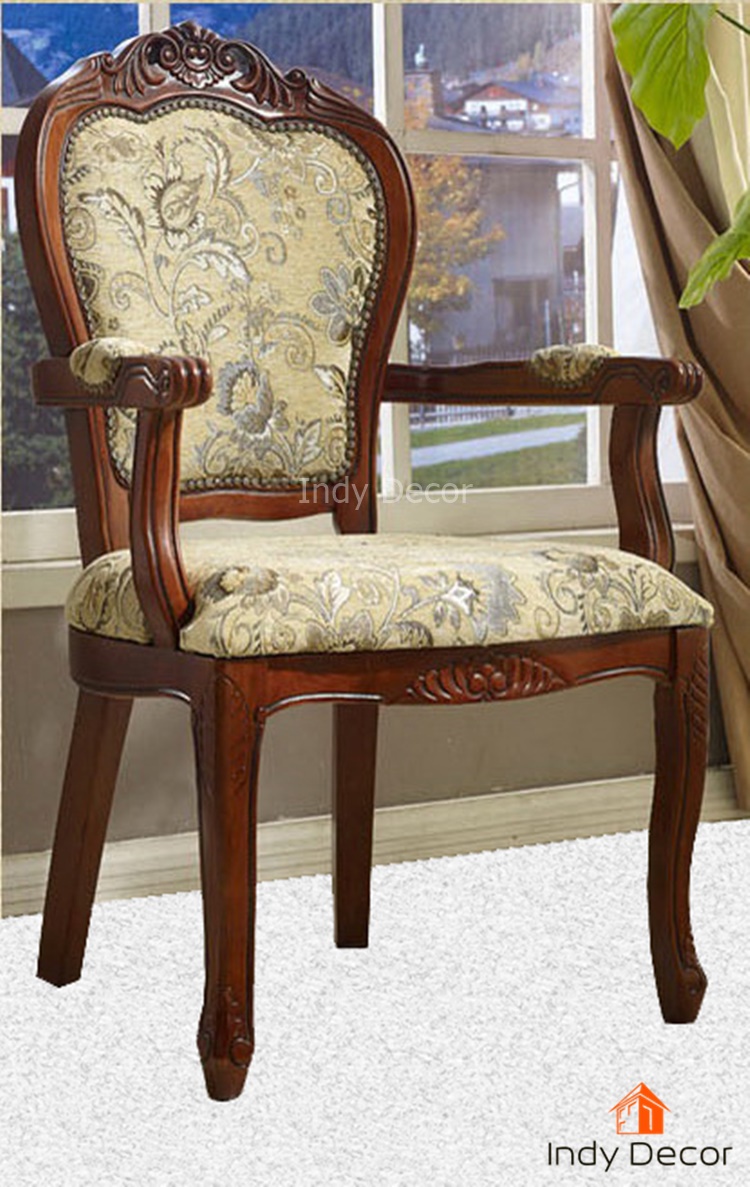 ชุดโต๊ะ+เก้าอี้หลุยส์ไม้แกะลาย มีท้าวแขน หุ้มผ้าลายดอก สีโอ๊ค