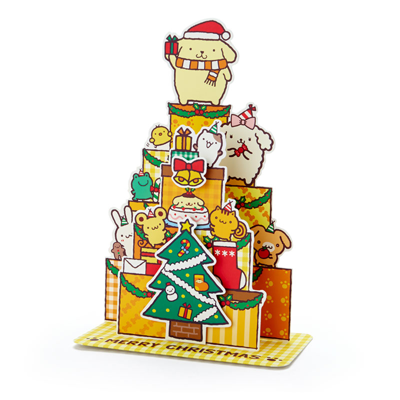 Sanrio Christmas Pop Up Card From Japan การ์ดอวยพรลาย Pompompurin กางออกมาเป็นต้นคริสต์มาสได้น่ารัก ขนาด 18.8 x 13 x 7.2 ซม.