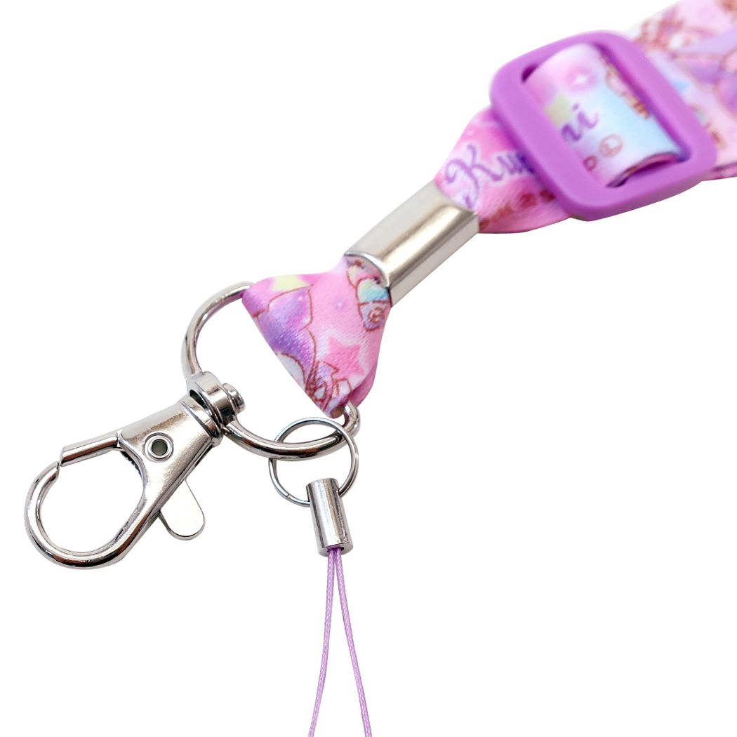 สายคล้องคอ/บัตร มีที่ห้อยมือถือตรงปลาย ลาย Kuromi สีม่วงชมพู ขนาดสาย 90 x 1.8 ซม.