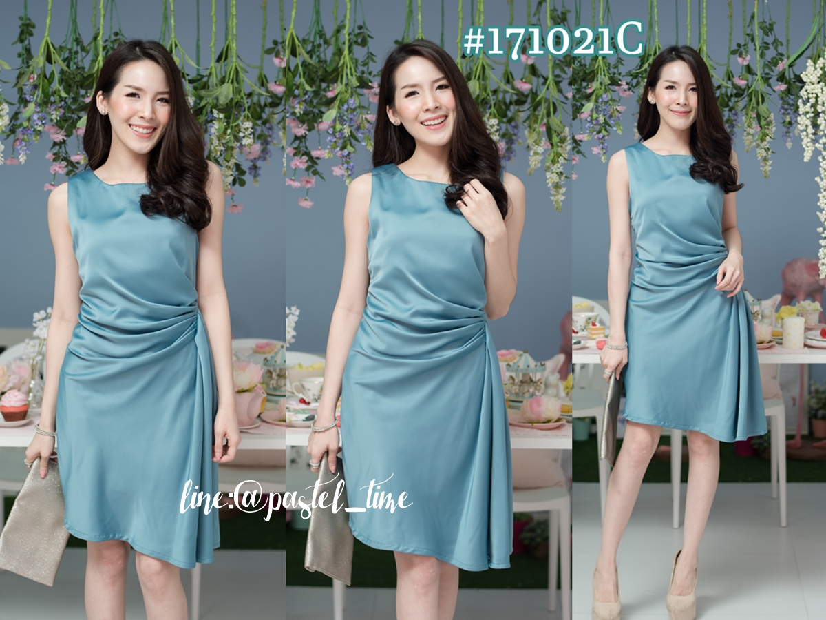 Silvia Drapery Satin Dress : Teal สีเขียวอมฟ้า [Made by Pastel Time]
