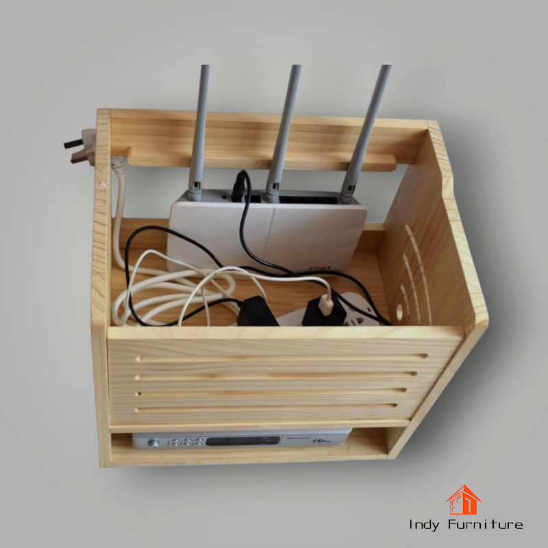 Indy Furniture WIFI-02 กล่องWIFI กล่องเก็บสายไฟ กล่องเก็บปลั๊กไฟ แท่นวางชาร์จมือถือ ไม้ยางพารา