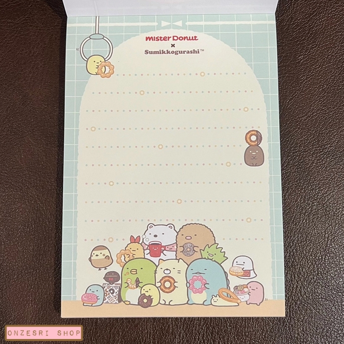สมุดฉีก Sumikko Gurashi x Mister Donut แบบลายสีขาว ขนาด 14.8 x 10.5 ซม. มี 4 ลาย รวม 100 แผ่น