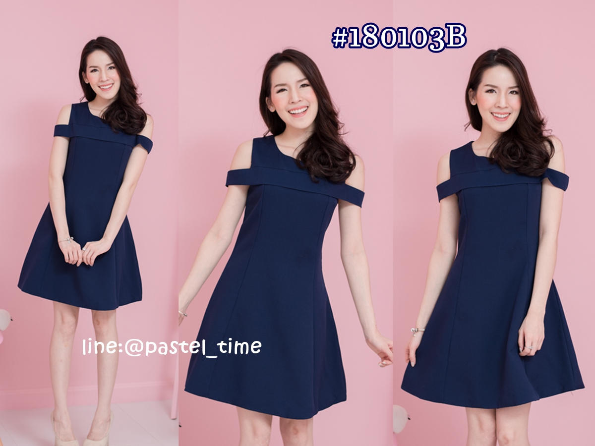 Ellin Off-Shoulder Dress – Navy สีกรม
