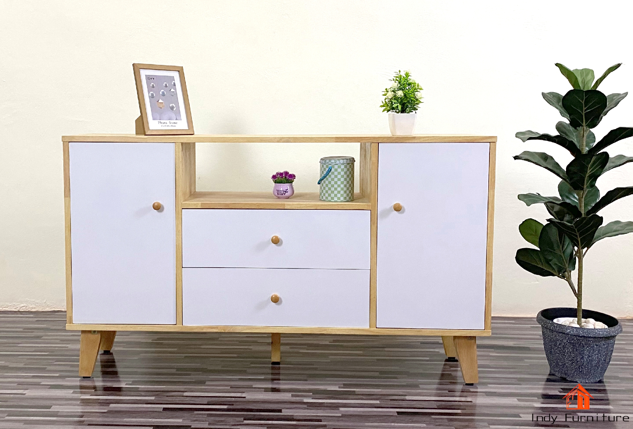 ตู้อเนกประสงค์ ไม้ยางพารา รุ่น CHACO-B120 สีธรรมชาติ/บานขาว 120x30x70cm.