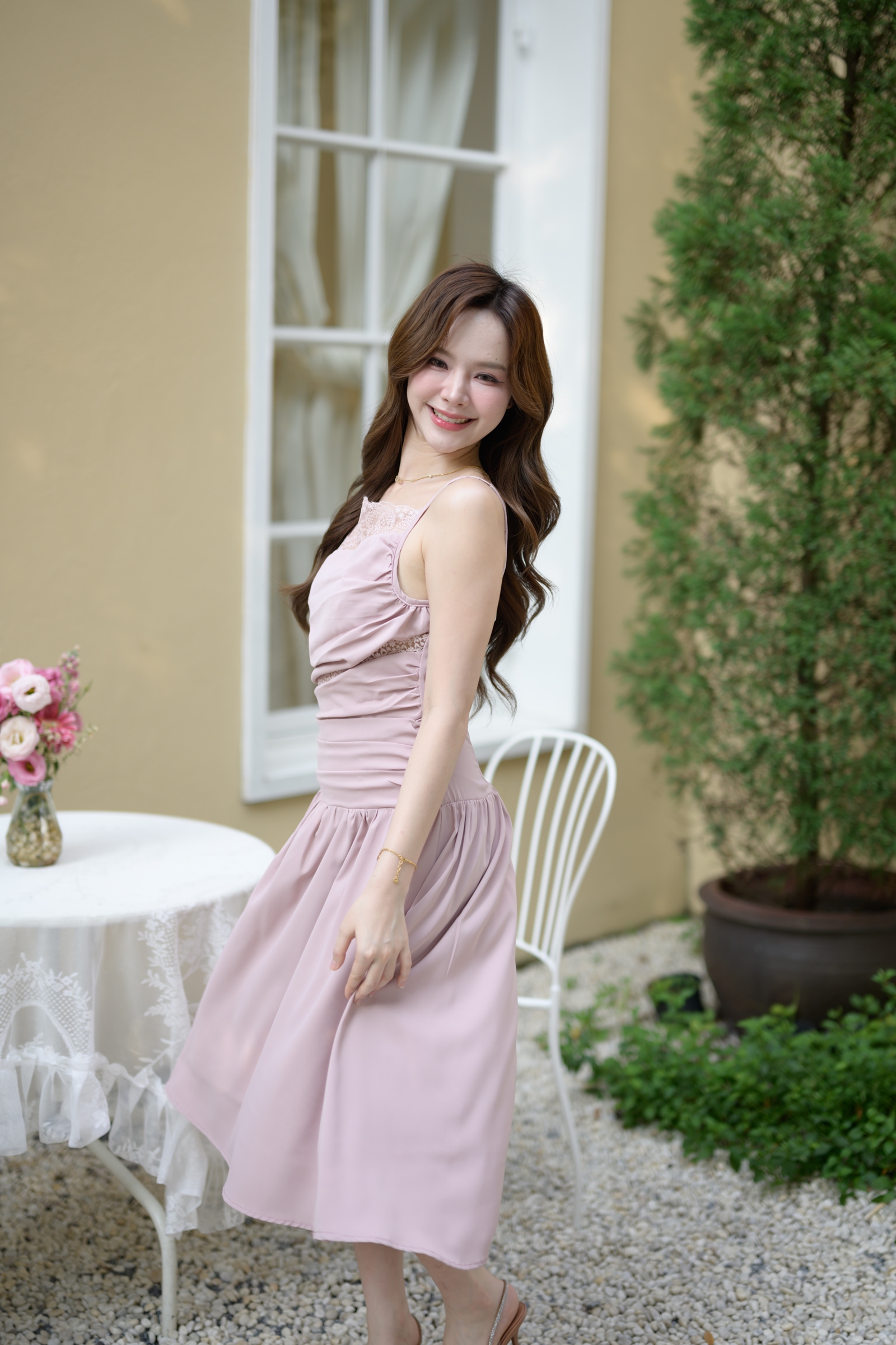 Elise Draped Lace Midi Dress : สีชมพู [Made by Pastel Time]