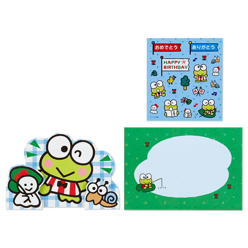 การ์ดเปล่า Sanrio & Seal Card แบบ Keroppi สามารถเขียนด้านในได้ มีสติกเกอร์น่ารักให้แปะได้ 1 แผ่น มาพร้อมซองลายน่ารักเข้ากัน ขนาดประมาณ 16.2 x 11 ซม.