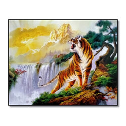 กรอบลอยภาพมงคล เสือเหลียวหลัง น้ำตก ขนาด 40x50x2 ซม. (7367)